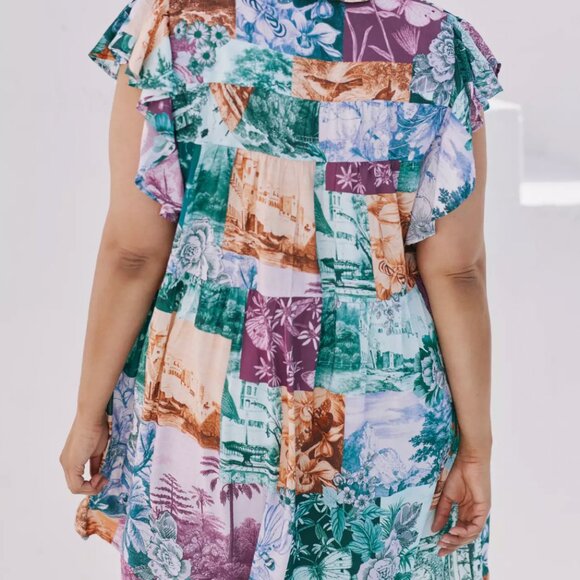 Anthropologie Flutter Sleeve Printed PJ Dress Size 2X Patchwork PJ Mini Collar - Picture 2 of 13